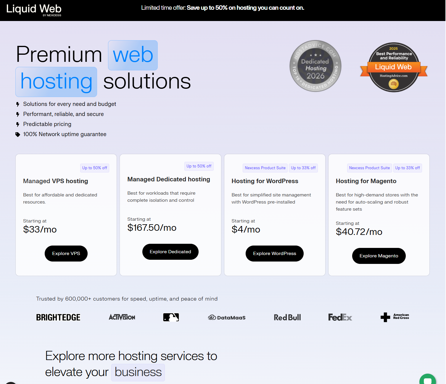 Liquid Web sign-up page showing VPS hosting options